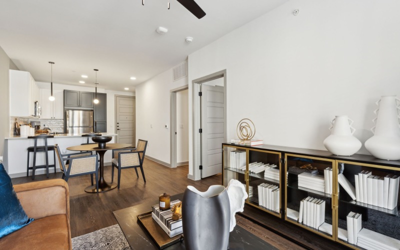 a living room with a couch and a table